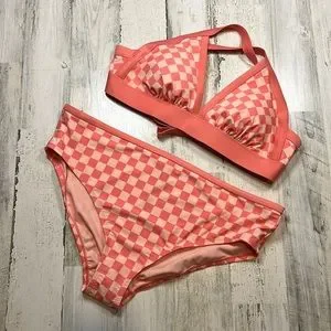 Kona Sol Swim New Kona Sol Coral Checkered Print Bikini Set X